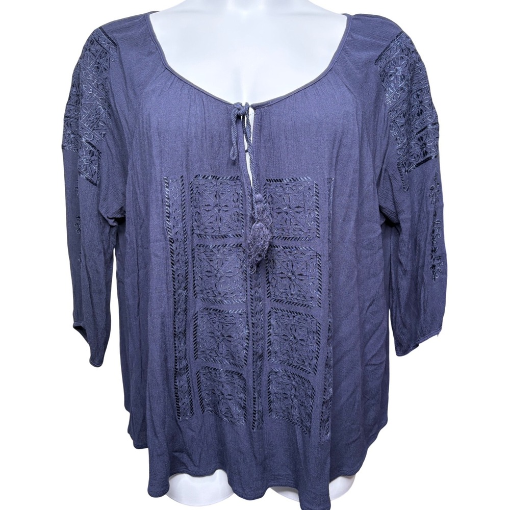 SOLITAIRE Womens Navy Blue Embroidered Peasant Blouse 3X Tassel Flowy Boho Girly